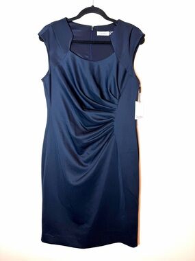 NWT Calvin Klein Navy Blue Ruched Sheath Dress Square Neck Cap Sleeve Size 12